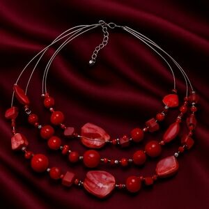 Layered Red Seashell Bead Necklace – Silver Tone Multi-Strand Statement Jewelry